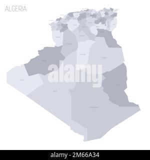 Algeria carta politica delle divisioni amministrative - province. Mappa vettoriale dei grigi con etichette. Illustrazione Vettoriale