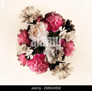 Bel bouquet di Peonies in Photocollage. Primavera sfondo stagionale. Foto Stock