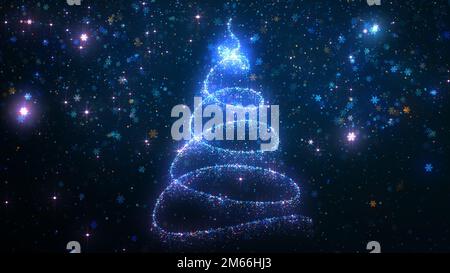 3D rendering di un luminoso albero di Natale stilizzato con scaglie di neve in caduta sullo sfondo. Composizione festiva moderna di Capodanno Foto Stock