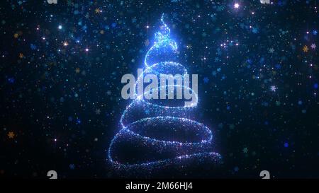 3D rendering di un luminoso albero di Natale stilizzato con scaglie di neve in caduta sullo sfondo. Composizione festiva moderna di Capodanno Foto Stock