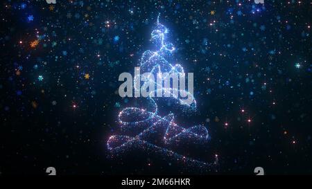3D rendering di un luminoso albero di Natale stilizzato con scaglie di neve in caduta sullo sfondo. Composizione festiva moderna di Capodanno Foto Stock