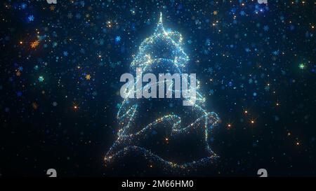 3D rendering di un luminoso albero di Natale stilizzato con scaglie di neve in caduta sullo sfondo. Composizione festiva moderna di Capodanno Foto Stock
