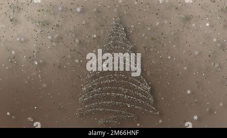 3D rendering di un luminoso albero di Natale stilizzato con scaglie di neve in caduta sullo sfondo. Composizione festiva moderna di Capodanno Foto Stock