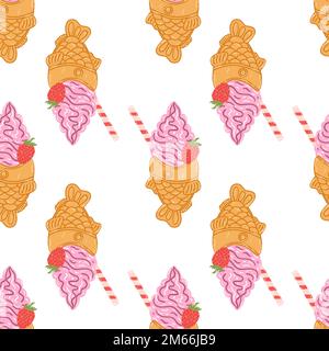 Motivo senza cuciture con cono gelato a forma di pesce taiyaki in stile cartoon flat. Sfondo vettoriale disegnato a mano con tradizionale cibo giapponese, dolce Illustrazione Vettoriale