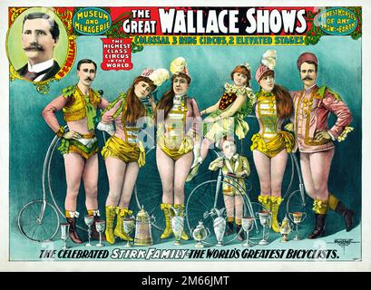 Vintage Circus Poster - The Great Wallace Shows - la celebre famiglia Stirk - i più grandi ciclisti del mondo 1898. Foto Stock