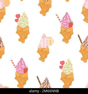 Motivo senza cuciture con cono gelato a forma di pesce taiyaki in stile cartoon flat. Sfondo vettoriale disegnato a mano con cibo tradizionale giapponese, dolce, de Illustrazione Vettoriale