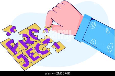 Persona che mette insieme elementi puzzle jigsaw. Pianificazione del progetto, concetto di gestione del tempo. Costruisci e completa il progetto con piccoli pezzi. Lavoro efficace Illustrazione Vettoriale