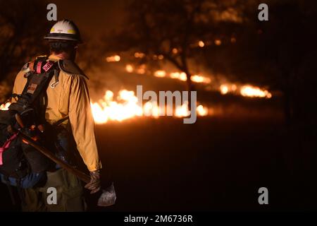 Cody, Texas state Forrest Service, Fredricksburg Task Force picchiaduro squadra pompiere, indagini un controllato 'burn-out' che è stato iniziato a gestire l'area di un grande incendio selvatico 9 aprile 2022 presso Joint base San Antonio - campo Bullis zona di demolizione gamma. JBSA-Camp Bullis comprende oltre 27.000 ettari di campi, aree di allenamento e terreni selvaggi sul lato nord di San Antonio ed è un punto di formazione fondamentale per i membri del servizio della base comune di San Antonio. Foto Stock