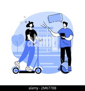 Illustrazione vettoriale del concetto astratto di trasporto elettrico urbano. Noleggio bici elettriche, escooter eskateboard utilizzando, stile di vita della città moderna, mobili urbani Illustrazione Vettoriale