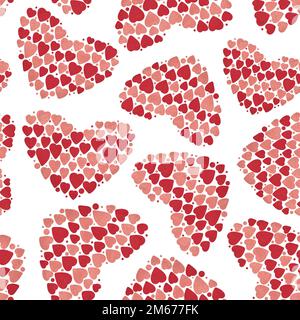 Cuori piccoli modello senza cuciture. Cuori piatti rossi e rosa su sfondo bianco. Illustrazione raster per tessuti, imballaggi, tessuti, abbigliamento, carta da parati. Foto Stock