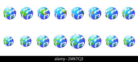 Rotazione del globo terrestre. Icone del mondo, del pianeta da viste diverse. Pianeta verde e blu con nuvole bianche giraround set isolato su sfondo, vettoriale illustrazione cartoni animati Illustrazione Vettoriale