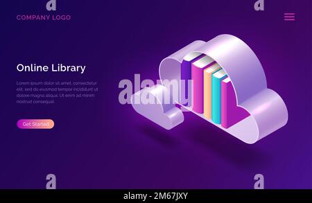 Illustrazione vettoriale del concetto isometrico della libreria online. Scaffale su cloud virtuale con libri in piedi, isolato su sfondo viola, sito Web di landing page per la memorizzazione dei libri, lettura elettronica Illustrazione Vettoriale