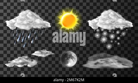 Icone meteo realistiche Imposta illustrazione vettoriale. Elementi realistici per previsioni meteo, sole, luna, nebbia, nuvole con neve e pioggia isolate su sfondo trasparente Illustrazione Vettoriale