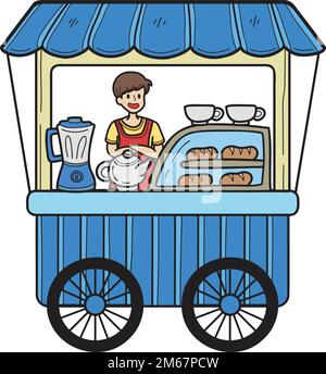 Illustrazione disegnata a mano Bakery Street Food Cart isolata sullo sfondo Illustrazione Vettoriale