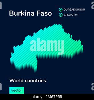 Mappa del Burkina Faso con strisce isometriche digitali al neon stilizzate con effetto 3D. La mappa del Burkina Faso è di colore verde e menta su sfondo blu scuro Illustrazione Vettoriale