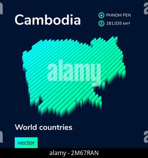 Mappa stripata isometrica al neon della Cambogia con effetto 3D. Mappa della Cambogia è in verde e menta colori sullo sfondo blu scuro Illustrazione Vettoriale