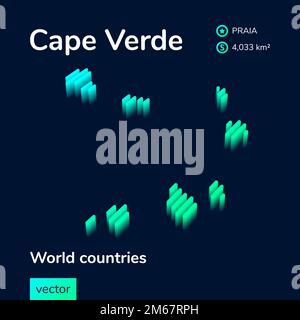 Mappa vettoriale a righe al neon isometrica stilizzata di Capo Verde con effetto 3D. La mappa di Capo Verde è di colore verde e menta sullo sfondo blu scuro Illustrazione Vettoriale