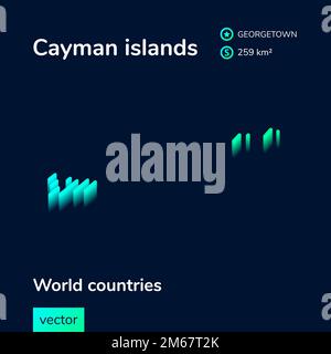 Mappa delle isole Cayman, semplice vettoriale digitale con strisce isometriche stilizzate, con effetto 3D. La mappa delle Isole Cayman è di colore verde, turchese e menta su sfondo blu scuro Illustrazione Vettoriale