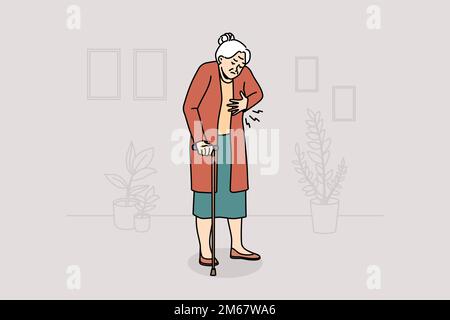 La donna anziana malsana tocca il cuore soffre di dolore. Nonna malata matura lotta con arresto cardiaco o infarto. Concetto di assistenza sanitaria. Illustrazione vettoriale. Illustrazione Vettoriale