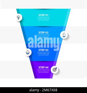Modello infografico con icone e 4 opzioni o passaggi. Imbuto. Può essere utilizzato per il layout del flusso di lavoro, il diagramma, il banner, il webdesign. Illustrazione vettoriale Illustrazione Vettoriale