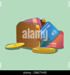Portafoglio marrone con carte di plastica e oro fuoriuscito da esso, su sfondo verde in stile cartone animato. Icona, vettore, isolato. Illustrazione Vettoriale