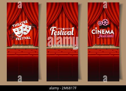 Set di modelli per banner verticali per arti cinematografiche e teatrali. Illustrazione vettoriale della scena teatrale con tende rosse, tragedia teatrale e maschere comiche, ret Illustrazione Vettoriale