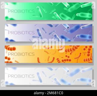 Modello orizzontale per banner Web vettoriale probiotici con batteri e microrganismi buoni o amichevoli per gli esseri umani. Ceppi probiotici di batteri per i Illustrazione Vettoriale