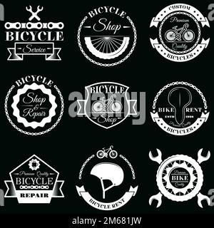 Set di logo per l'etichetta del badge di servizio della bicicletta. Illustrazione monocromatica vettoriale in stile retrò. Noleggio biciclette, negozio e riparazione tipografia. Illustrazione Vettoriale