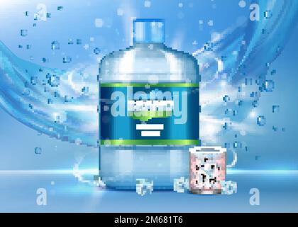 Acqua potabile ad. Rappresentazione realistica vettoriale di una grande bottiglia di plastica e di un bicchiere di acqua pura e pulita, bolle, cubetti di ghiaccio, versamento di acqua. Pubblicità del marchio Illustrazione Vettoriale