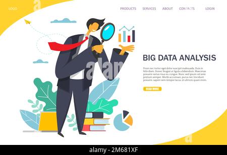 Modello vettoriale per l'analisi dei big data di siti web, pagine web e landing page per lo sviluppo di siti web e mobili. Uomo d'affari che guarda il grafico su h Illustrazione Vettoriale