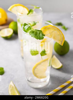 Bevanda di limonata con limoni freschi. Cocktail rinfrescante con lime, limone, menta e ghiaccio in un bicchiere alto su sfondo grigio primo piano. Bevande fredde estive c Foto Stock