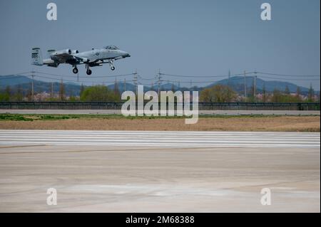 Un A-10 Thunderbolt II atterra sulla linea di volo alla base aerea di Osan, Repubblica di Corea, 15 aprile 2022. L'A-10 "Warthog" è il primo aereo dell'aeronautica progettato specificamente per fornire un supporto aereo stretto alle forze del suolo. Foto Stock