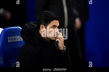 Mikel Arteta, manager dell'Arsenal, durante la partita della Premier League tra Brighton & Hove Albion e l'Arsenal all'American Express Community Stadium di Brighton, Regno Unito - 31st dicembre 2022. Foto Simon Dack/Telephoto Images solo per uso editoriale. Nessun merchandising. Per le immagini di calcio si applicano le restrizioni di fa e Premier League inc. Nessun utilizzo di Internet/cellulare senza licenza FAPL - per i dettagli contattare Football Dataco Foto Stock