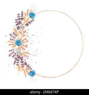 Mano disegnata acquerello giallo spighe di grano e corn flower corona in forma rotonda Illustration.Wildflower corona / cornice per matrimonio, compleanno invito. Foto Stock