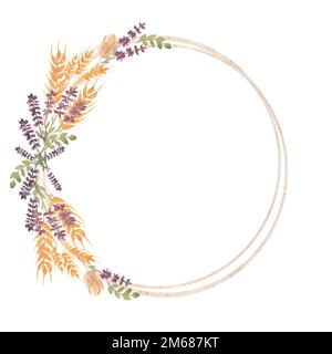 Mano disegnata acquerello giallo spighe di grano e corn flower corona in forma rotonda Illustration.Wildflower corona / cornice per matrimonio, compleanno invito. Foto Stock