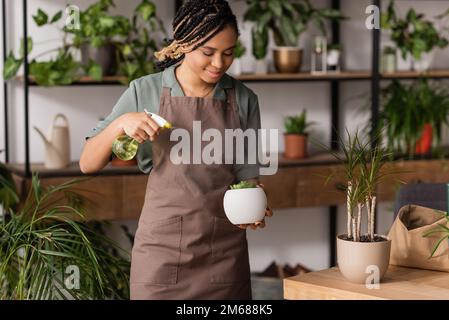 fiorista afroamericano con greggi spruzzando acqua su vaso pianta in negozio di fiori, immagine stock Foto Stock