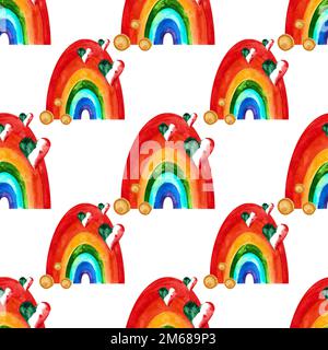 arcobaleno modello, bandiera irlandese cuore, moneta d'oro acquerello. su sfondo bianco isolato, disegnato a mano. Perfetto per la progettazione di carte, inviti, scrapbooking, Foto Stock