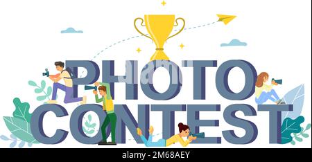 Parole del concorso fotografico in lettere maiuscole, coppa premio, ragazzi e ragazze che scattano foto con le fotocamere. Illustrazione del disegno di stile piatto vettoriale. Compet fotografico Illustrazione Vettoriale