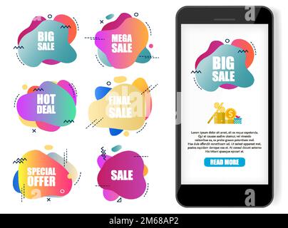 Offerta speciale e vendita set di etichette vettoriali. Gradiente dinamico di tendenza forme astratte liquide di vari colori con testo. Hot Deal, Big, Mega e Final SAL Illustrazione Vettoriale