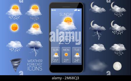 Applicazione Vector realistic app widget previsioni meteo Illustrazione Vettoriale