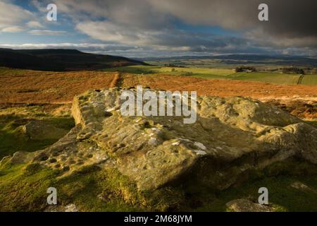 Coppa del Neolitico e dell'anello contrassegnato rock a Lordenshaws, Simonside colline vicino a Rothbury, parco nazionale di Northumberland, Inghilterra Foto Stock