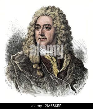 Ritratto di John Law (1671 - 1729) controleur General des finances, Financier ecossais qui a cause la banqueroute en 1720 (evenement de la rue Quincampoix) Ritratto di John Law (1671-1729), Scottish Financier responsabile del fallimento (evento di Rue Quincampoix) Foto Stock