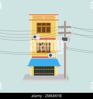 Edifici di negozi o magazzini con illustrazione vettoriale Power Pole. Scena urbana con il sentiero. Vecchio stile thailandese Illustrazione Vettoriale