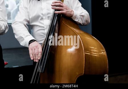 Lettore di bassi doppi. Mani che giocano contrabbasso. Foto Stock