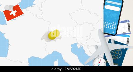 Concetto di viaggio in Svizzera, mappa con il pin sulla mappa della Svizzera. Mappa di preparazione delle vacanze, bandiera, passaporto e biglietti. Illustrazione vettoriale in piatto d Illustrazione Vettoriale