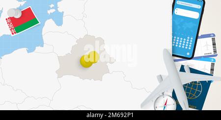 Concetto di viaggio in Bielorussia, mappa con pin sulla mappa della Bielorussia. Mappa di preparazione delle vacanze, bandiera, passaporto e biglietti. Illustrazione vettoriale in piano. Illustrazione Vettoriale