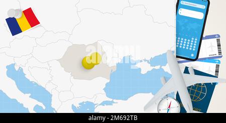 Concetto di viaggio in Romania, mappa con pin sulla mappa della Romania. Mappa di preparazione delle vacanze, bandiera, passaporto e biglietti. Illustrazione vettoriale in piano. Illustrazione Vettoriale