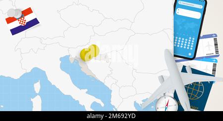 Concetto di viaggio in Croazia, mappa con pin sulla mappa della Croazia. Mappa di preparazione delle vacanze, bandiera, passaporto e biglietti. Illustrazione vettoriale in piano. Illustrazione Vettoriale