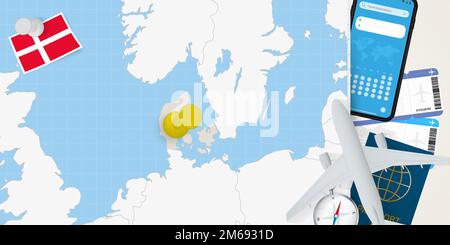 Concetto di viaggio in Danimarca, mappa con pin sulla mappa della Danimarca. Mappa di preparazione delle vacanze, bandiera, passaporto e biglietti. Illustrazione vettoriale in piano. Illustrazione Vettoriale