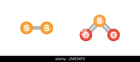 Disolfuro e anidride solforosa modello molecolare di atomo. Illustrazione vettoriale. Illustrazione Vettoriale